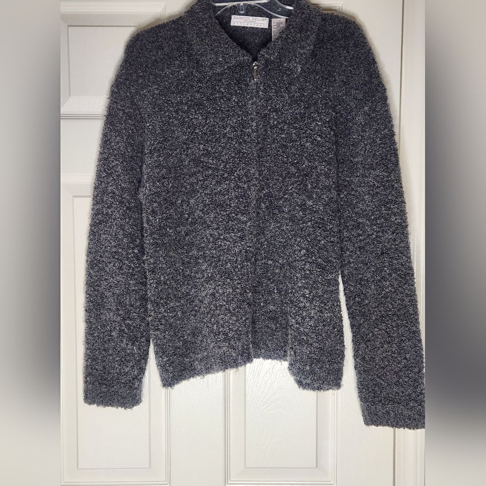 Vtg Carolyn Taylor L Gray Cozy WOOL Blend Longsleeves Full Zipper Women Sweater